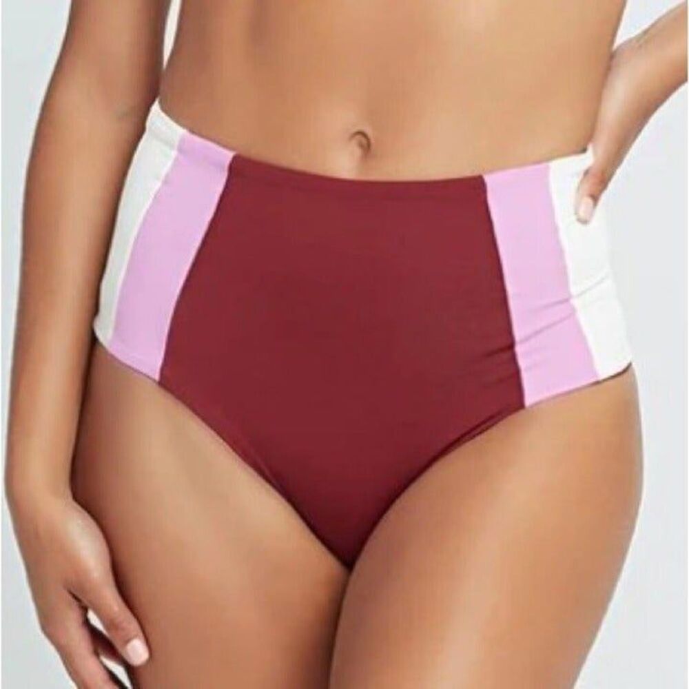 New l*space portia girl maroon stripe high waist bikini bottom